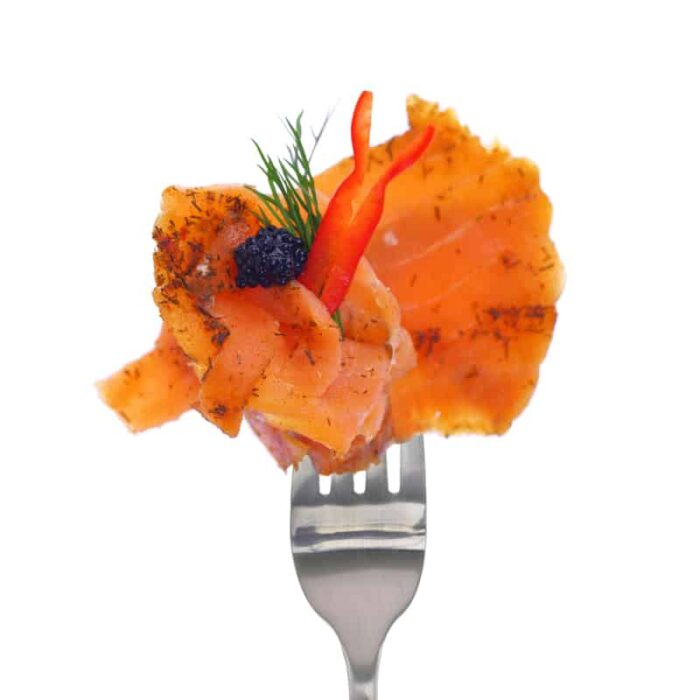 smoked salmon on fork